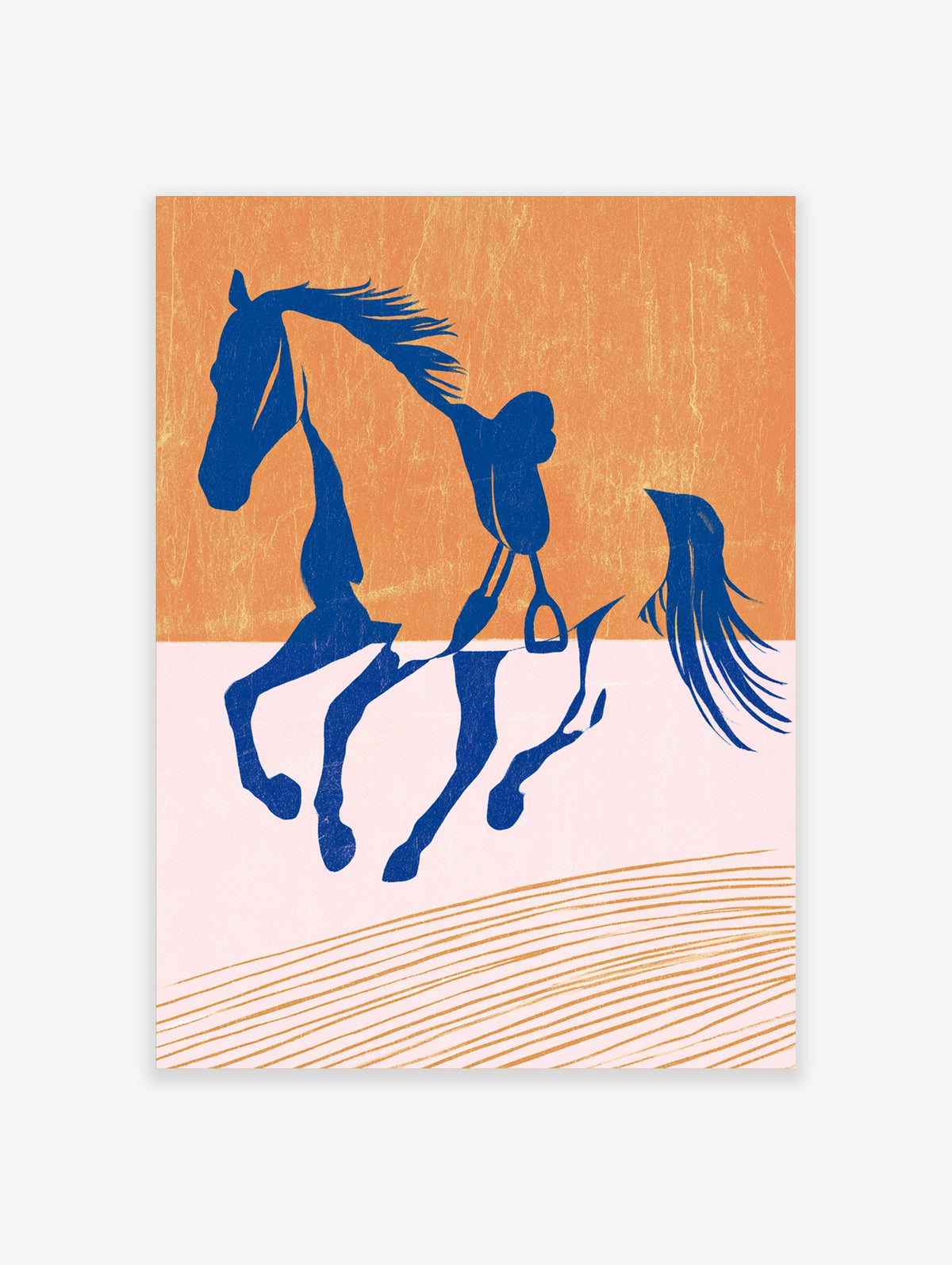 Blue horse silhouette galloping with flowing mane and tail on textured orange and white background, unframed art print