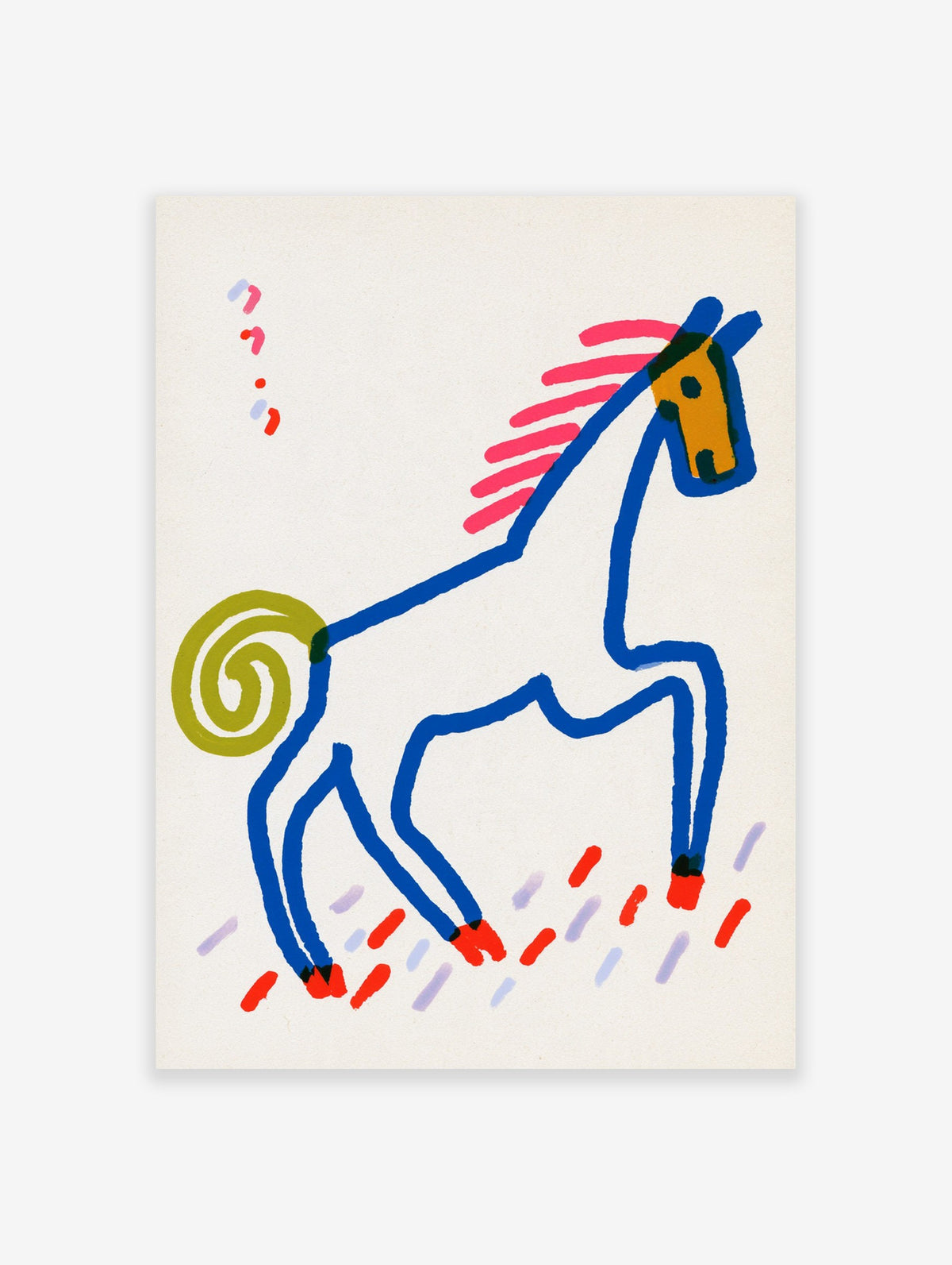 Abstract blue horse illustration with a yellow head and pink mane on a white background, modern animal wall art print
