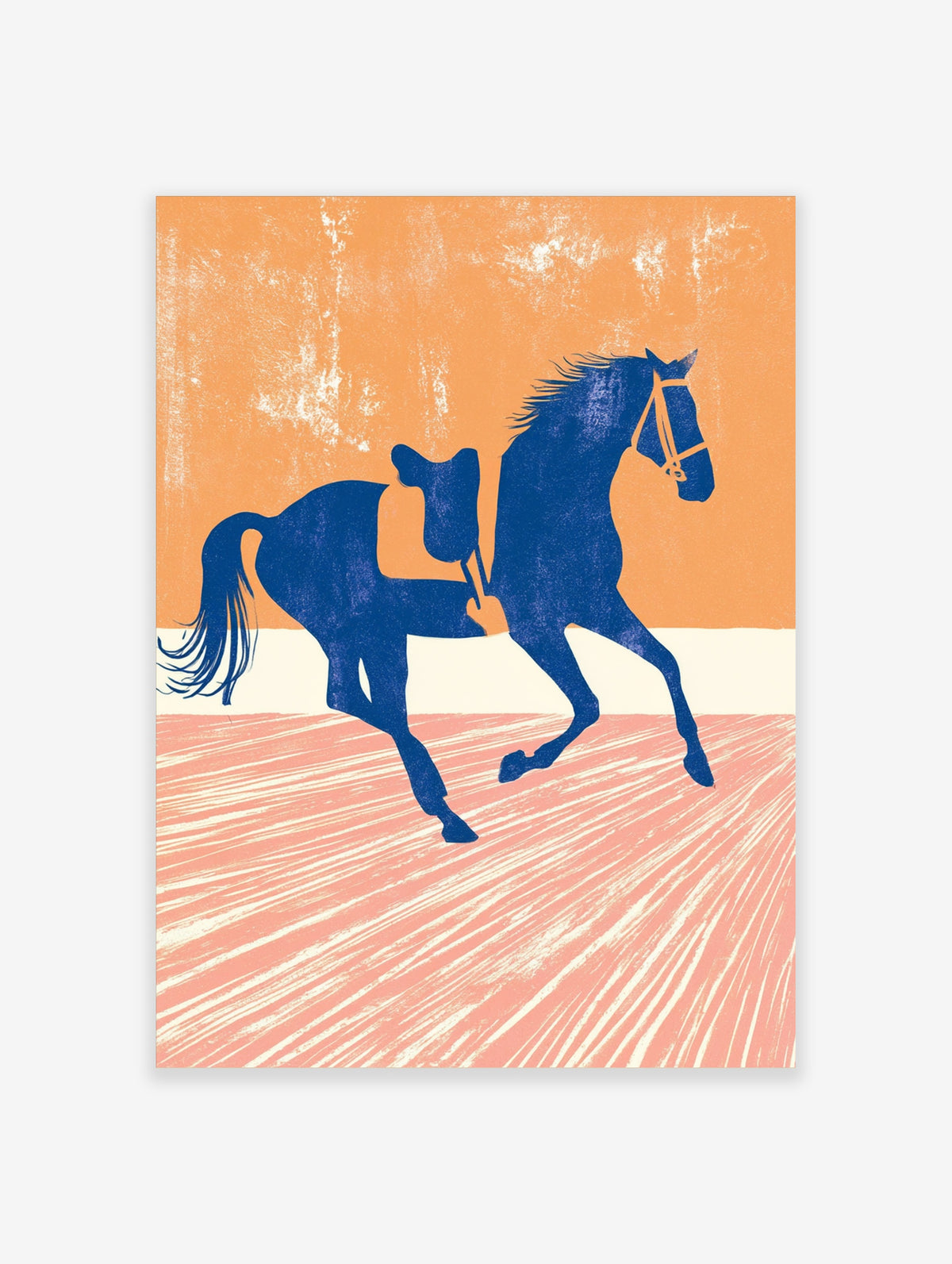 Blue horse silhouette with saddle, orange textured background, pink striped ground, equestrian art print
