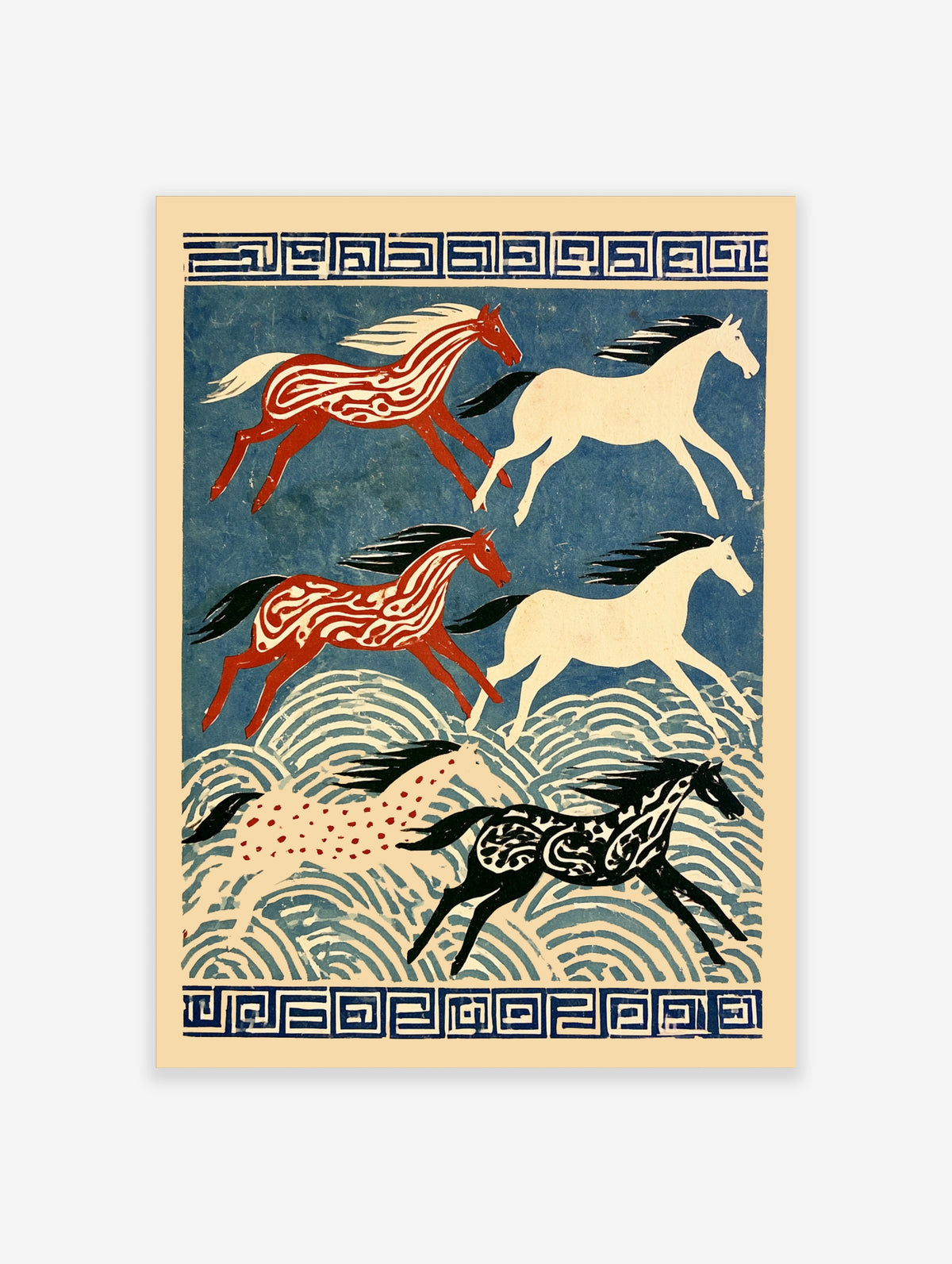 Blue horse wall art print with six running horses in red, white, and black above stylised waves
