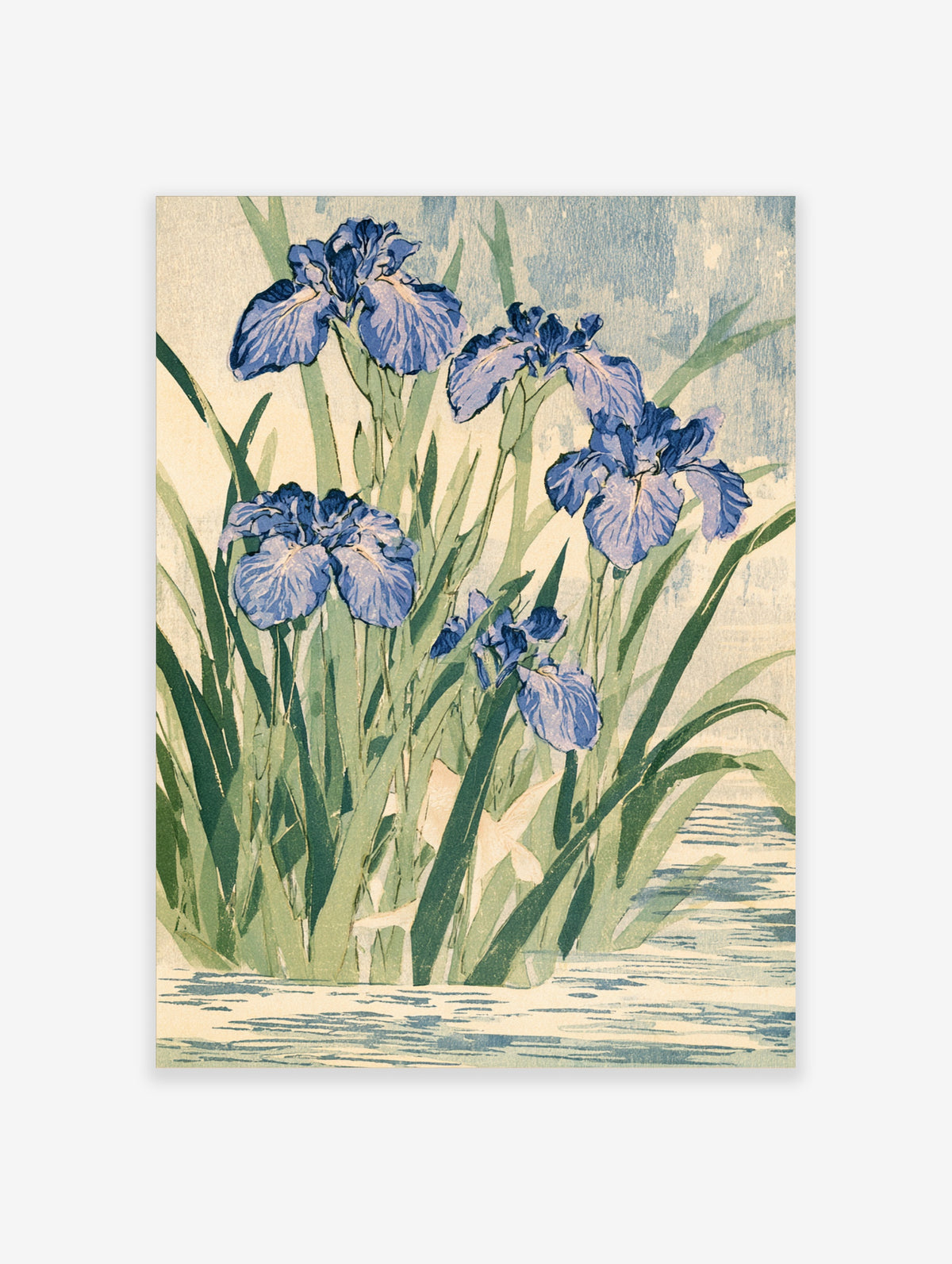 Blue iris flowers with tall green leaves in a Japanese woodblock style art print