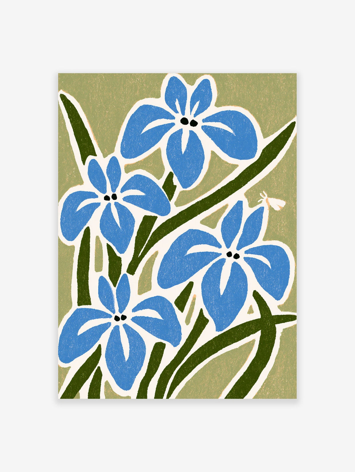 Blue iris flower botanical illustration with green leaves and a small moth on an olive green background