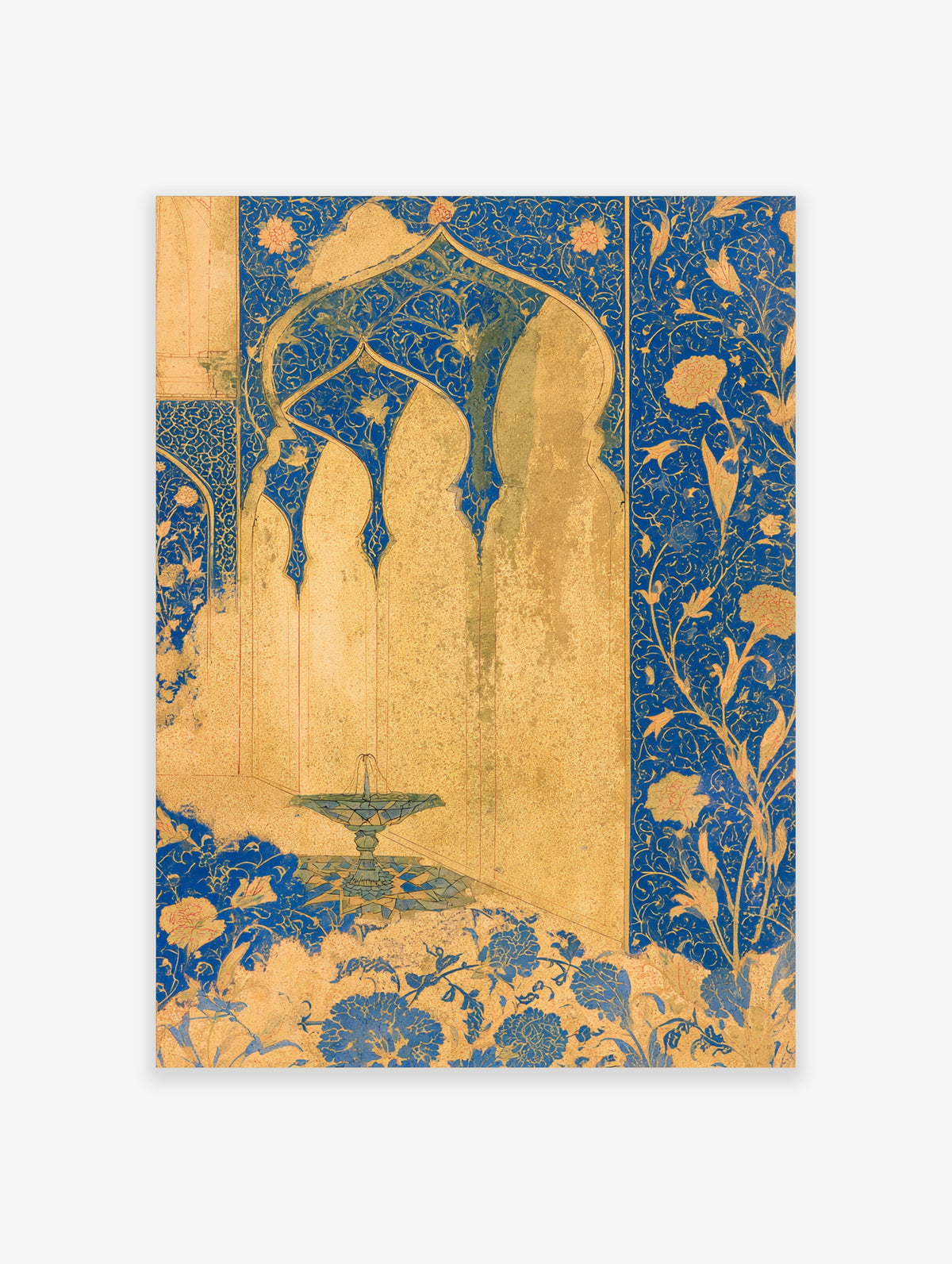 Blue and gold Islamic arch poster with fountain and floral vines