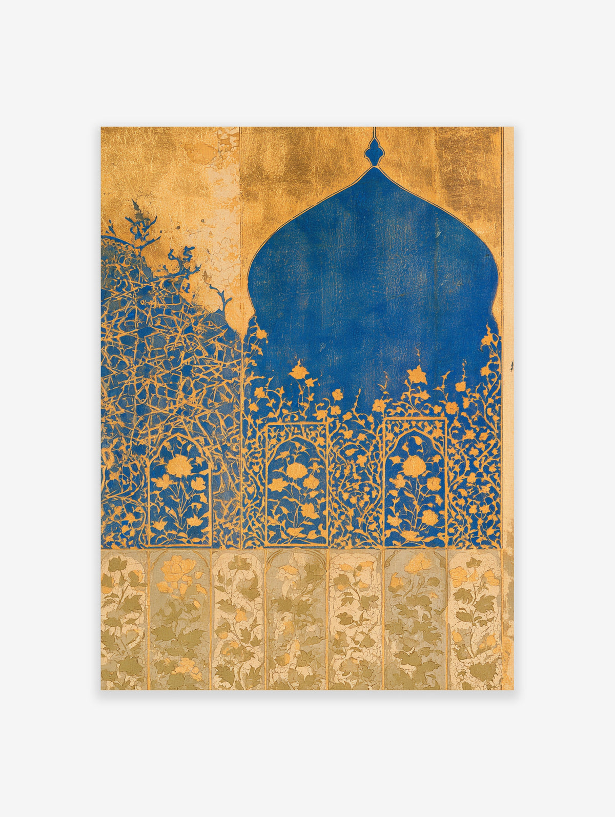 Blue Islamic arch wall art with gold floral vines and mihrab niche on textured gold background