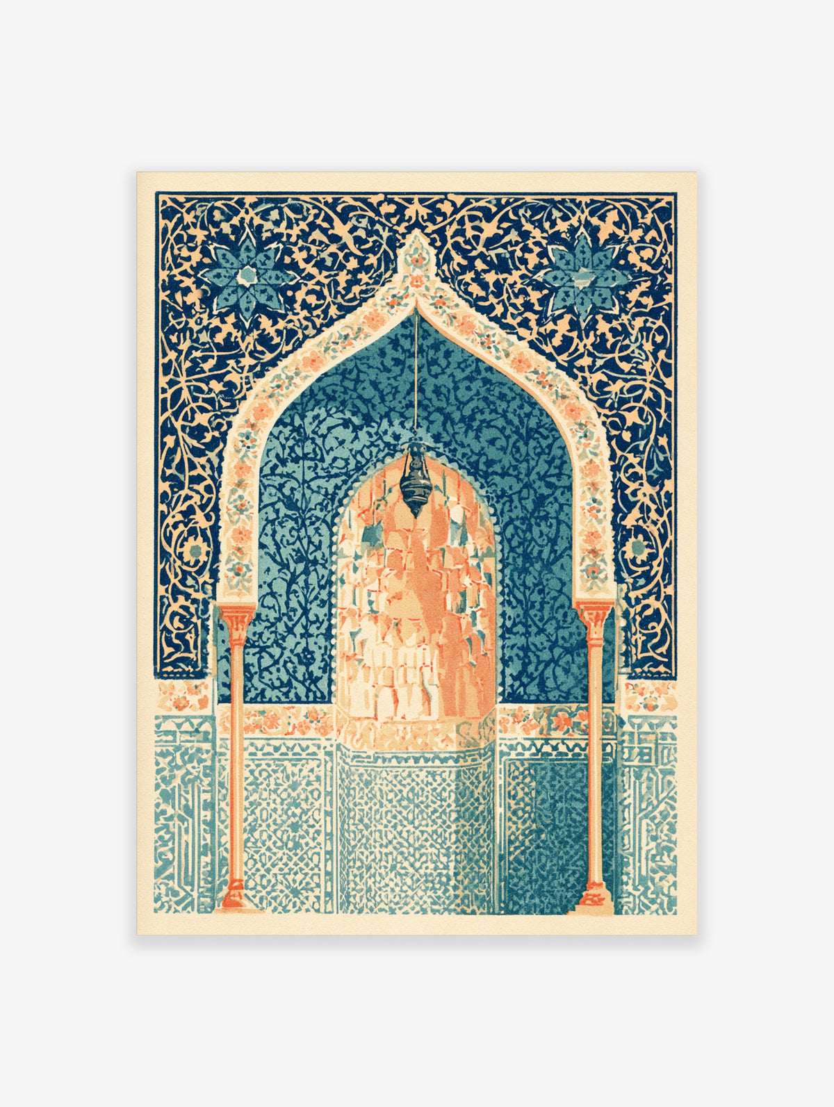Blue Islamic arch wall art print with ornate mihrab, hanging lantern, and floral tile patterns