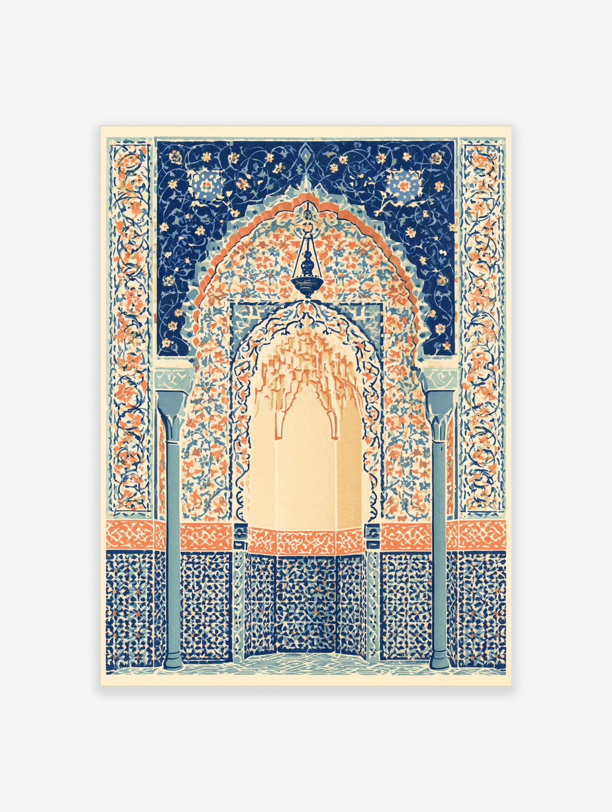 Blue Islamic arch wall art with ornate floral tilework, hanging lantern, and twin columns