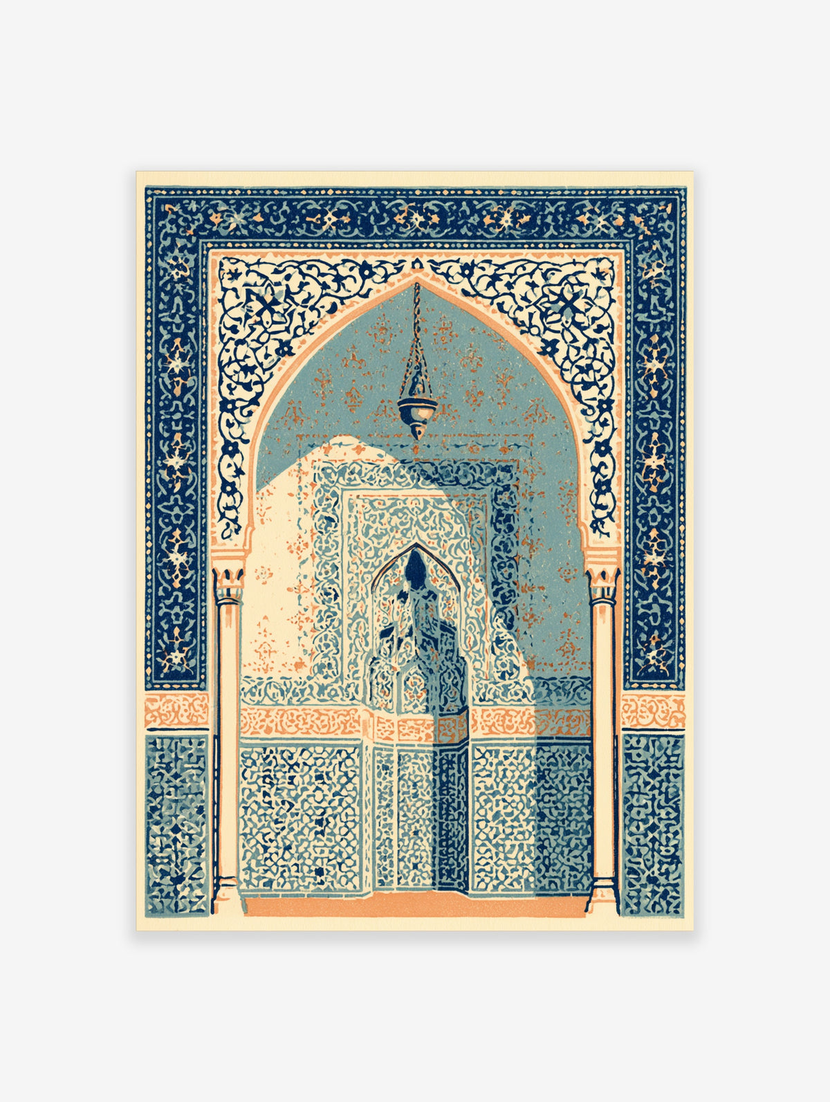 Blue Islamic arch wall art print with prayer niche, hanging lantern and ornate tilework