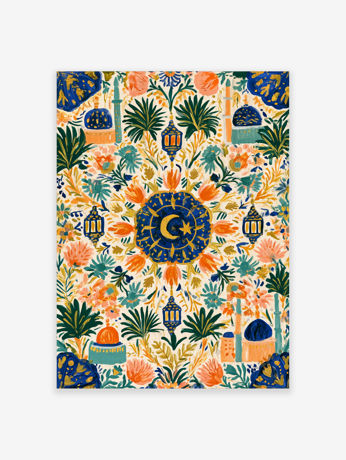 Blue Islamic art poster with crescent, star, orange tulips, palm trees, and lanterns