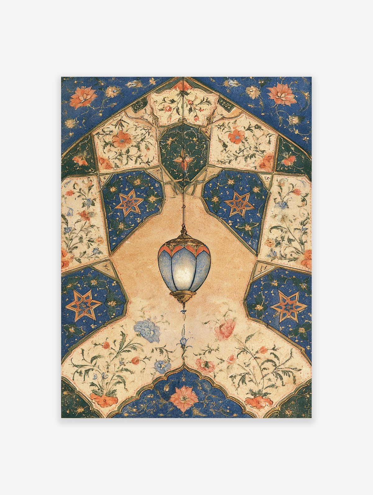 Ornate blue ceiling art print with hanging glass lantern, star motifs and floral vines on cream panels