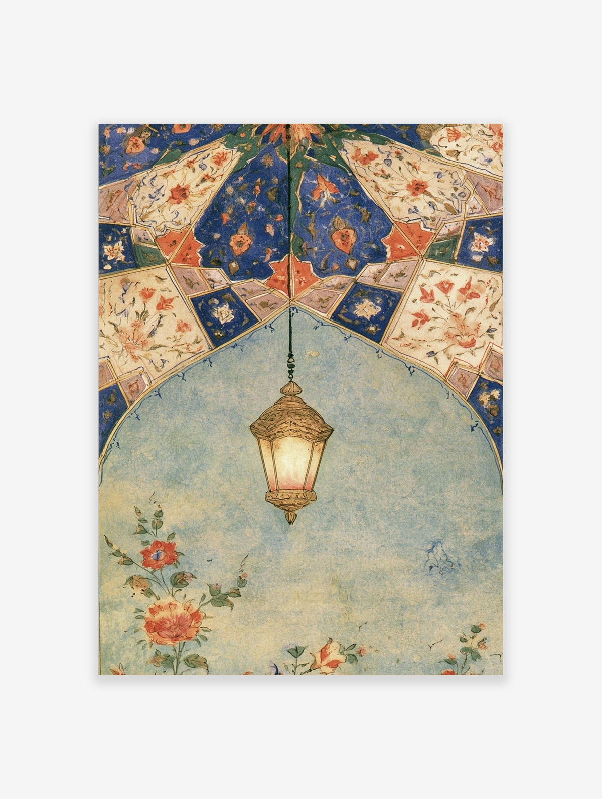 Ornate ceiling lantern poster with Persian floral tilework in blue, red, and cream