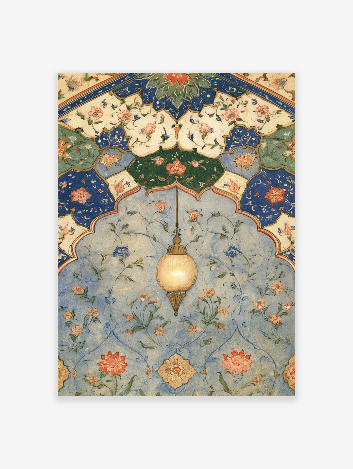 Blue Islamic mosque lamp poster with hanging lantern, floral vines and ornate arches