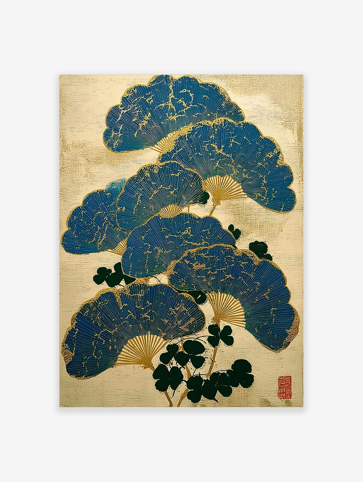 Blue Japanese folding fans with gold cracked texture and green leaves on a beige background, portrait orientation