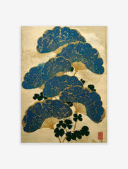 Blue Japanese folding fans with gold cracked texture and green leaves on a beige background, portrait orientation