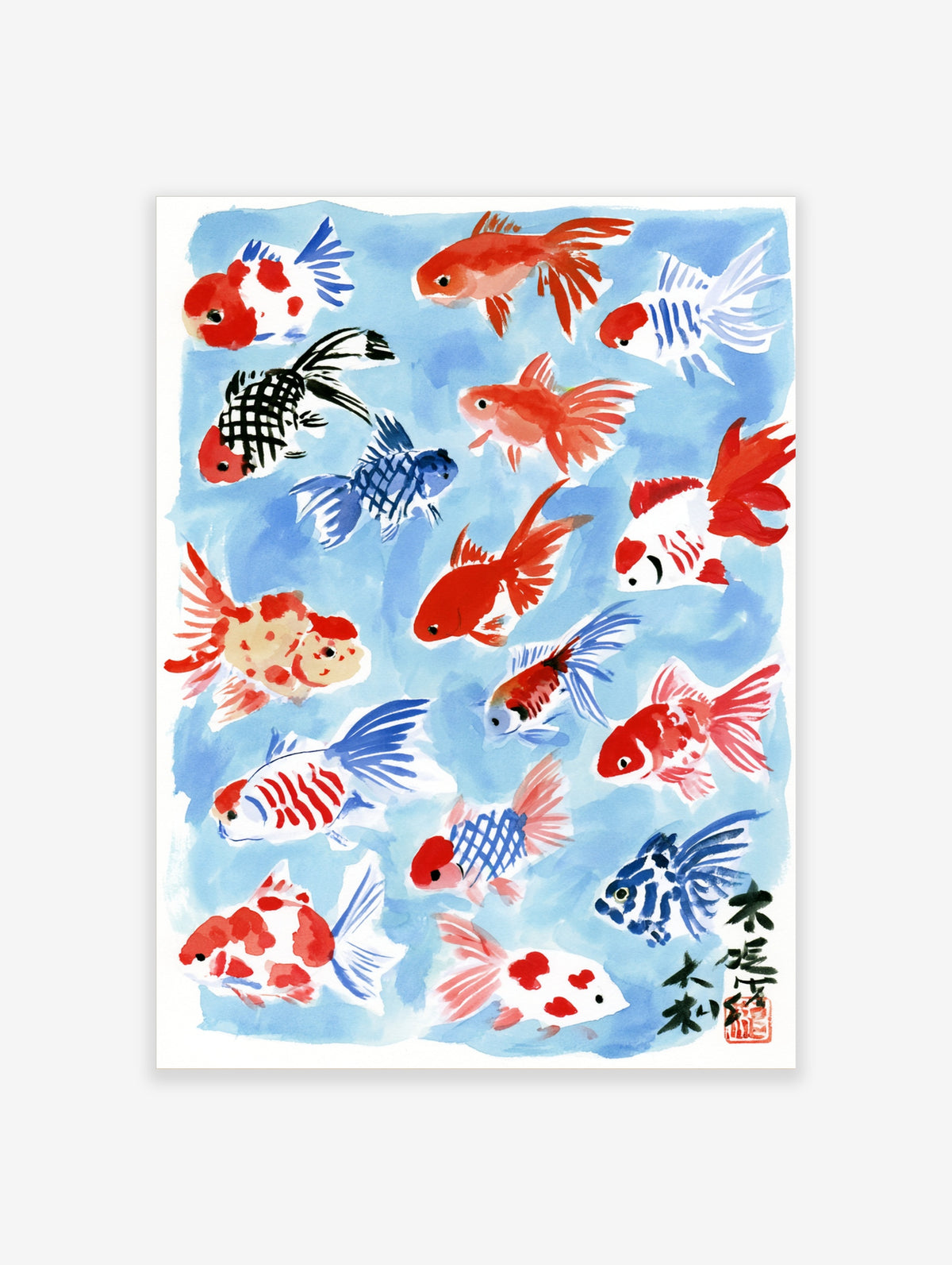 Blue Japanese goldfish watercolour poster with red, white, and black koi fish and kanji text
