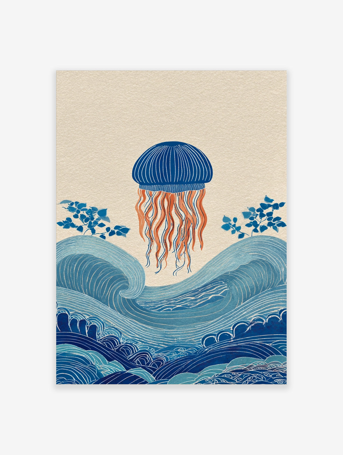 Blue jellyfish with orange tentacles above stylised blue Japanese waves and leafy branches on cream background
