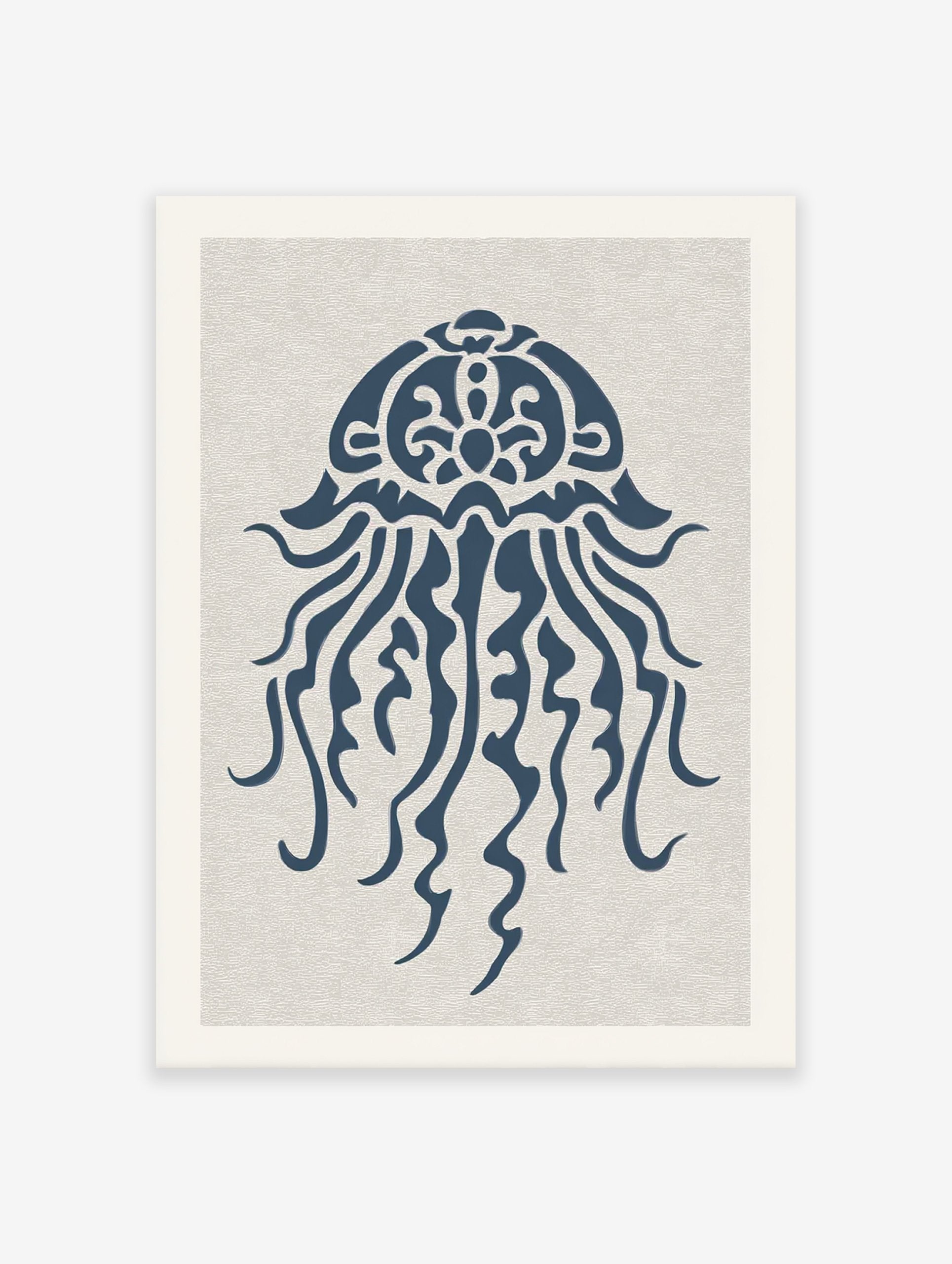 Blue minimalist jellyfish illustration art print on a light textured background, ideal for ocean-themed decor.