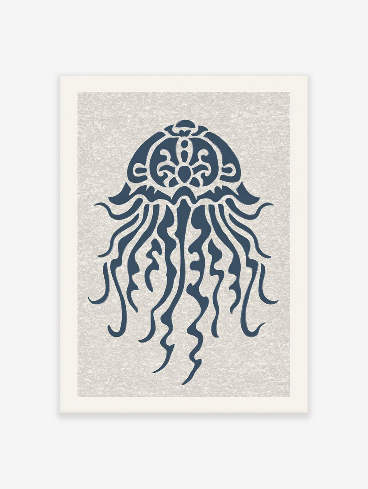 Blue minimalist jellyfish illustration art print on a light textured background, ideal for ocean-themed decor.