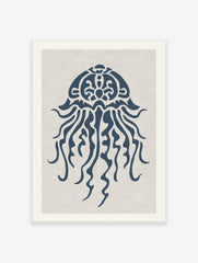 Blue minimalist jellyfish illustration art print on a light textured background, ideal for ocean-themed decor.