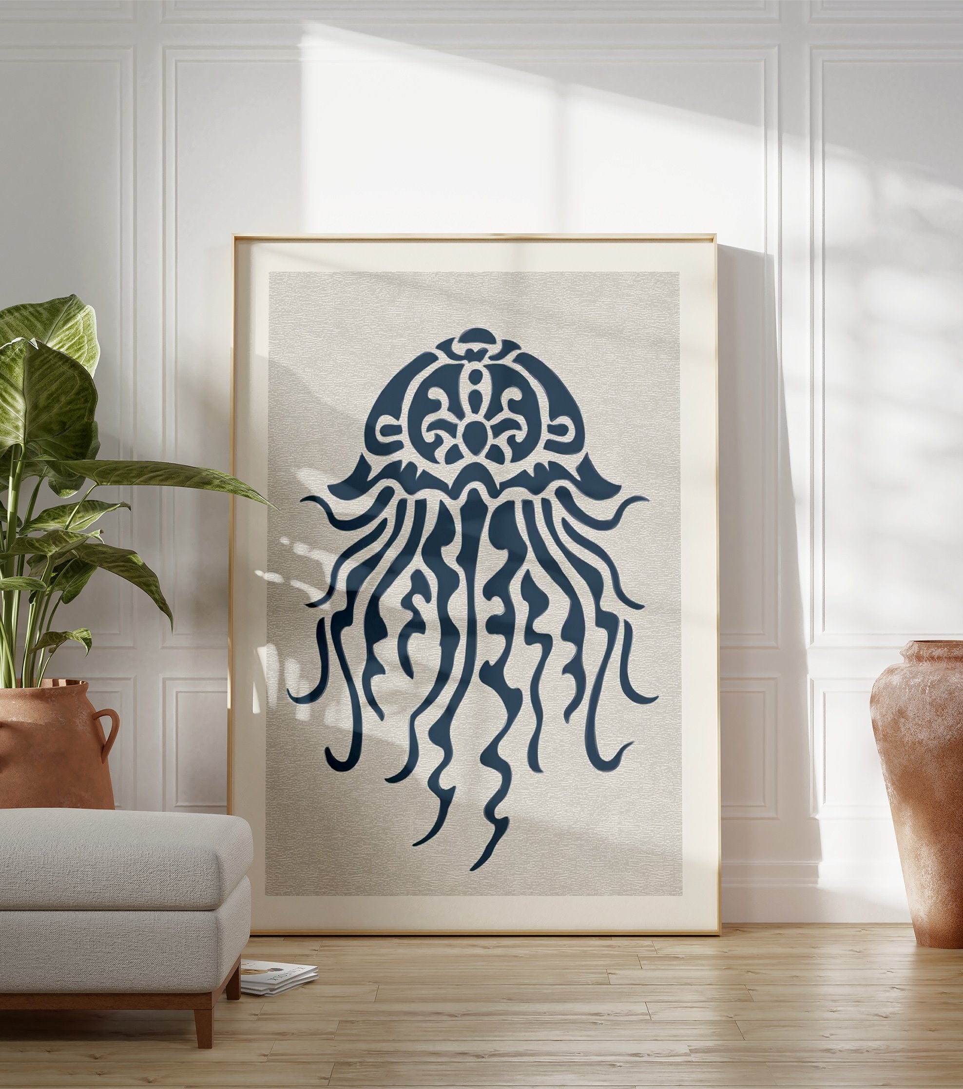 Blue minimalist jellyfish illustration art print on a light textured background, ideal for ocean-themed decor. - Image 3