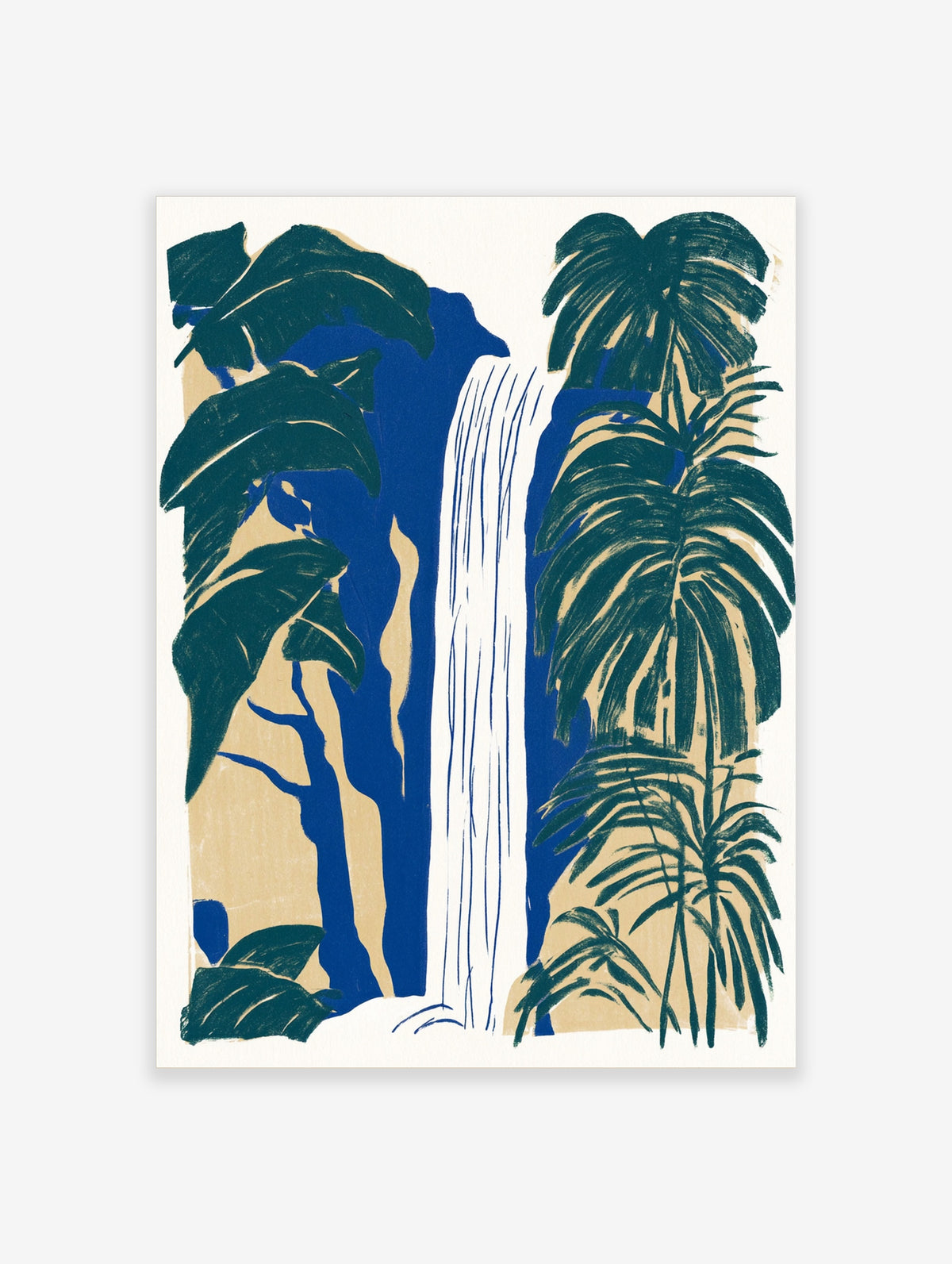Blue jungle waterfall poster with dark green tropical leaves and white cascading water