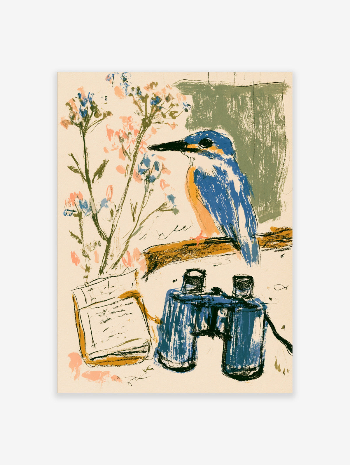 Blue kingfisher bird art print with pink flowers, binoculars, and notebook on cream background
