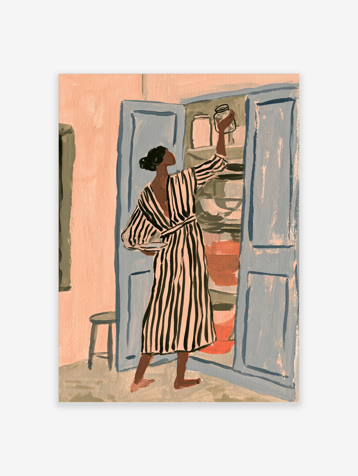Woman in striped robe reaching for jar in blue cupboard kitchen poster