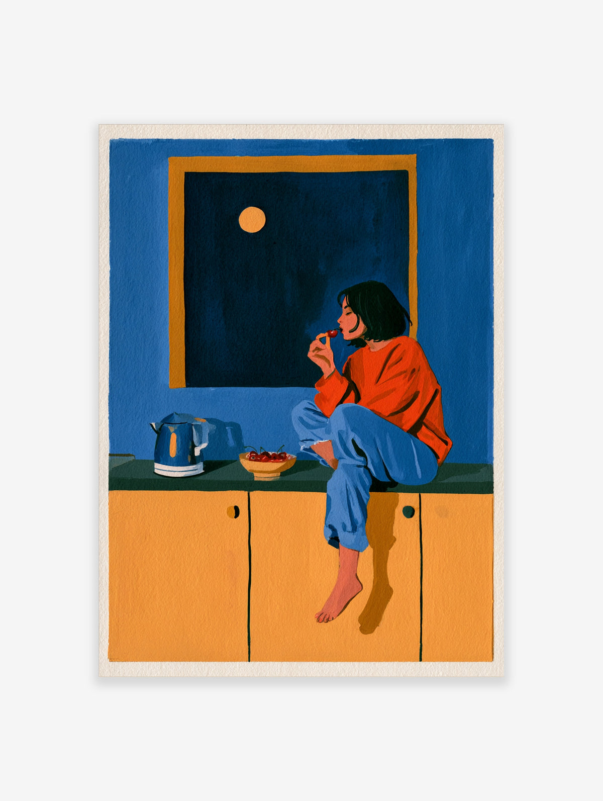 Blue kitchen poster of a woman eating cherries on a counter by a moonlit window