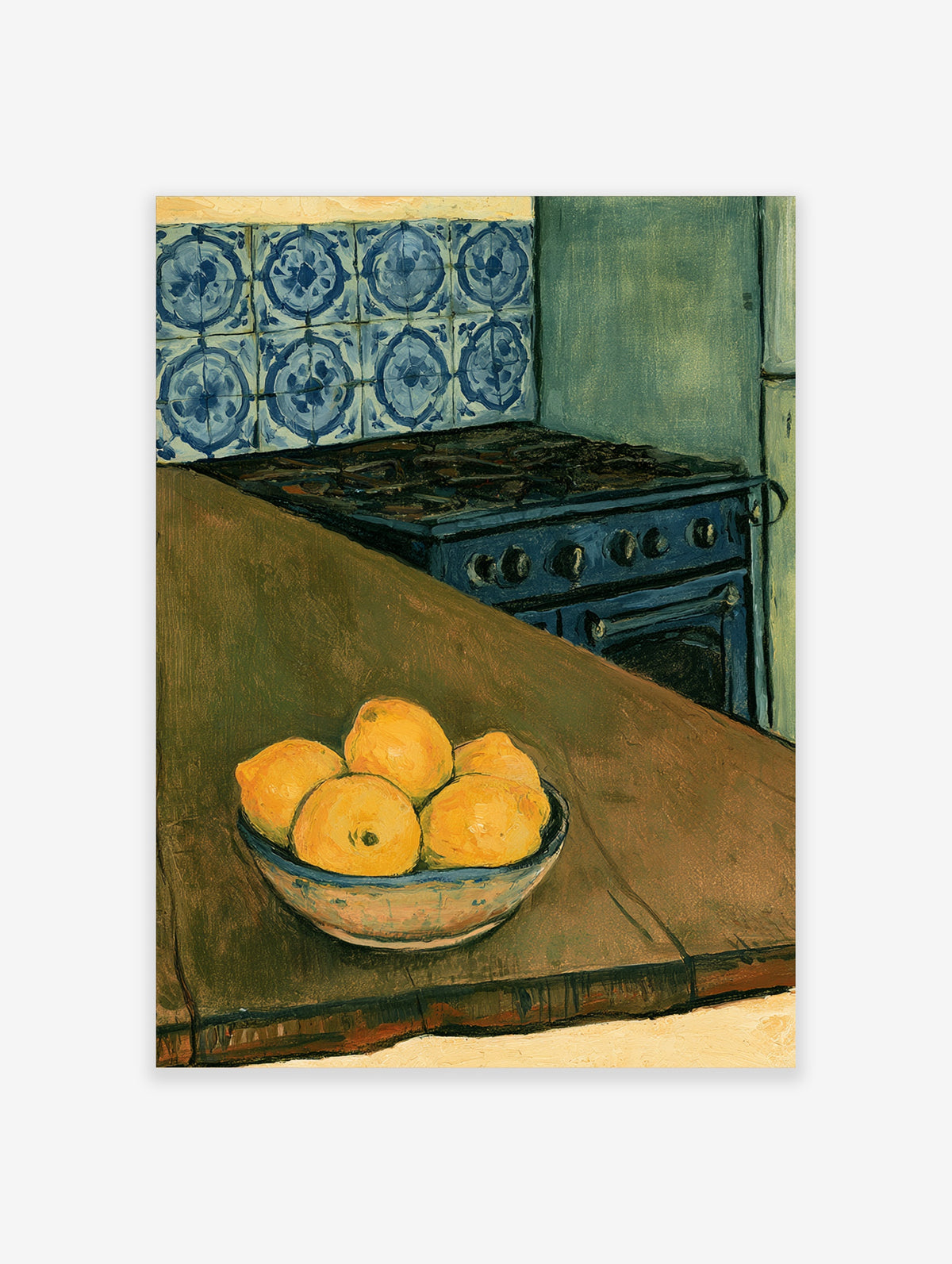 Blue kitchen still life poster with lemons in a bowl, patterned tiles, and a dark stove