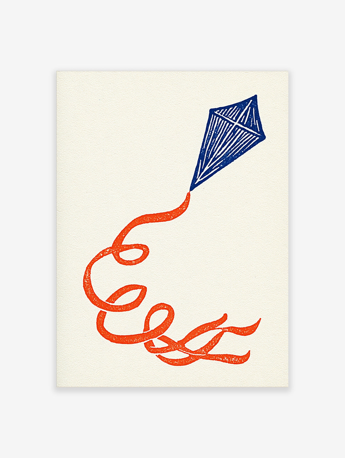 Navy blue kite with orange looping tail on cream background, minimalist art print
