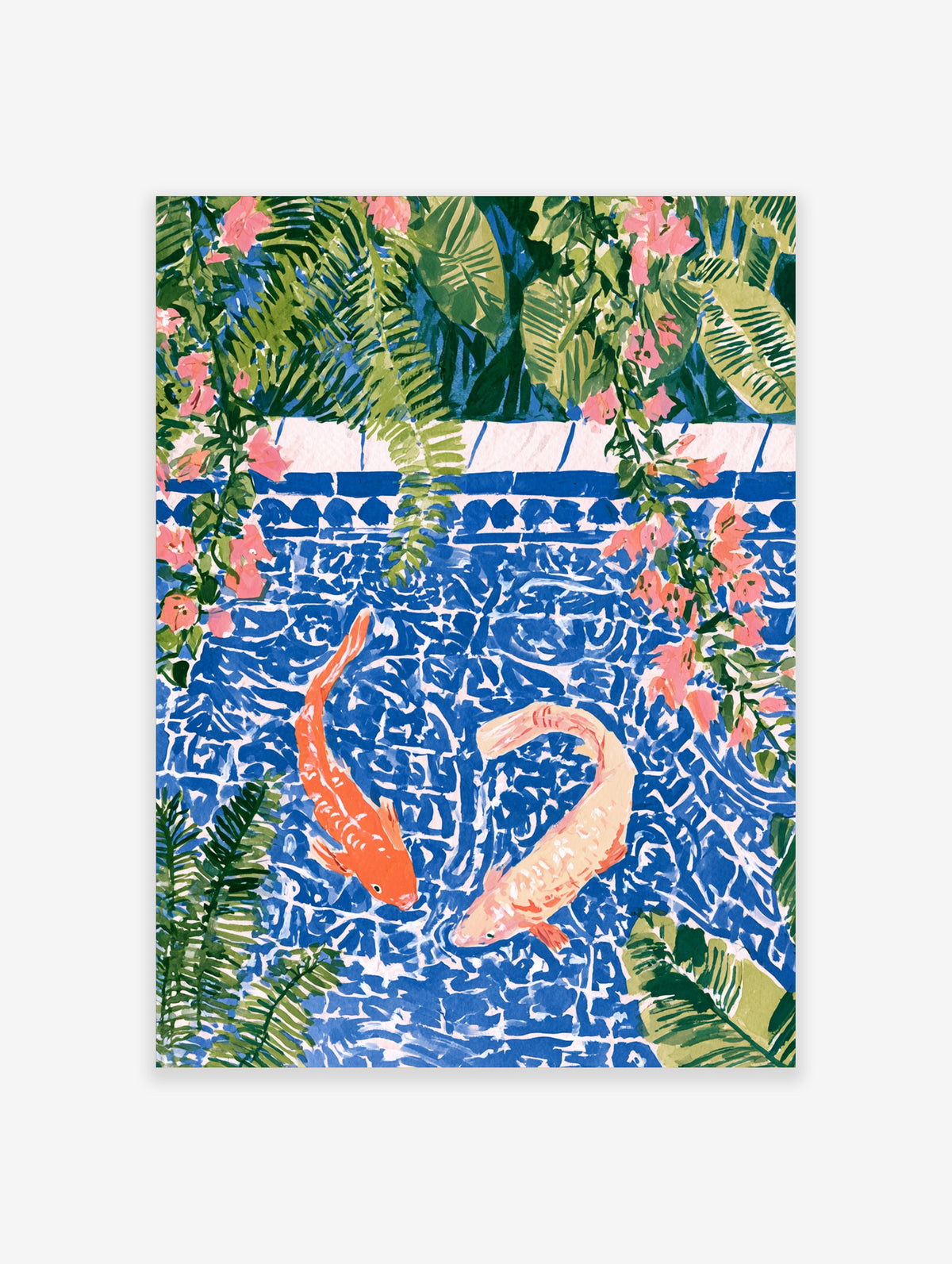 Blue koi fish pond poster with two koi swimming among blue and white ripples, green palm leaves and pink flowers