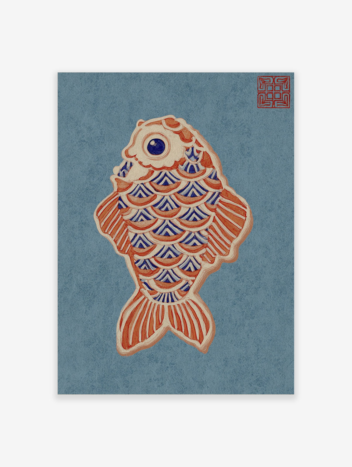 Blue and orange koi fish art print with scale pattern and red seal stamp on blue background