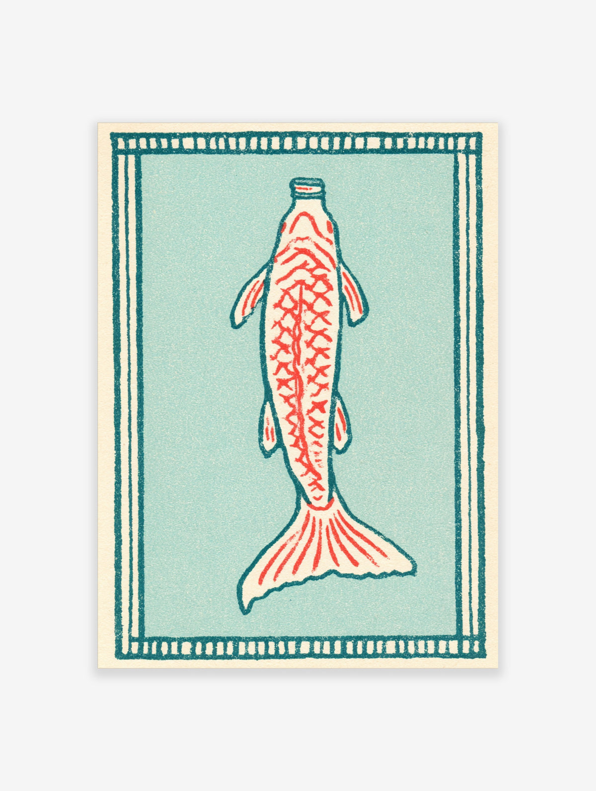 Blue koi fish poster with red patterned body and teal border on cream background