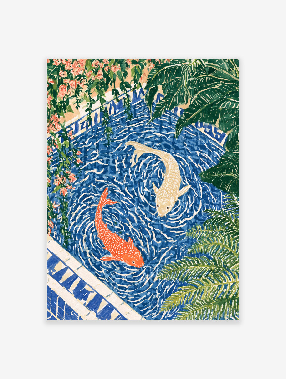 Blue koi fish pond art print with orange and cream carp, green palm leaves, and pink flowers