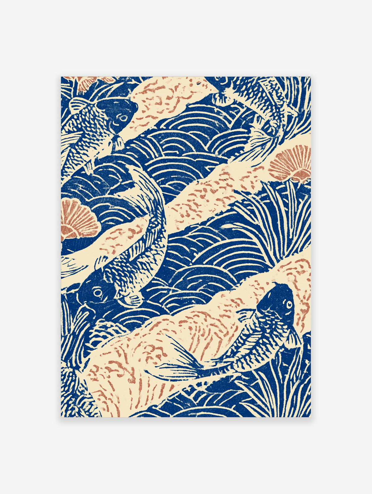 Blue and cream koi fish art print with stylised waves, reeds, and fan motifs