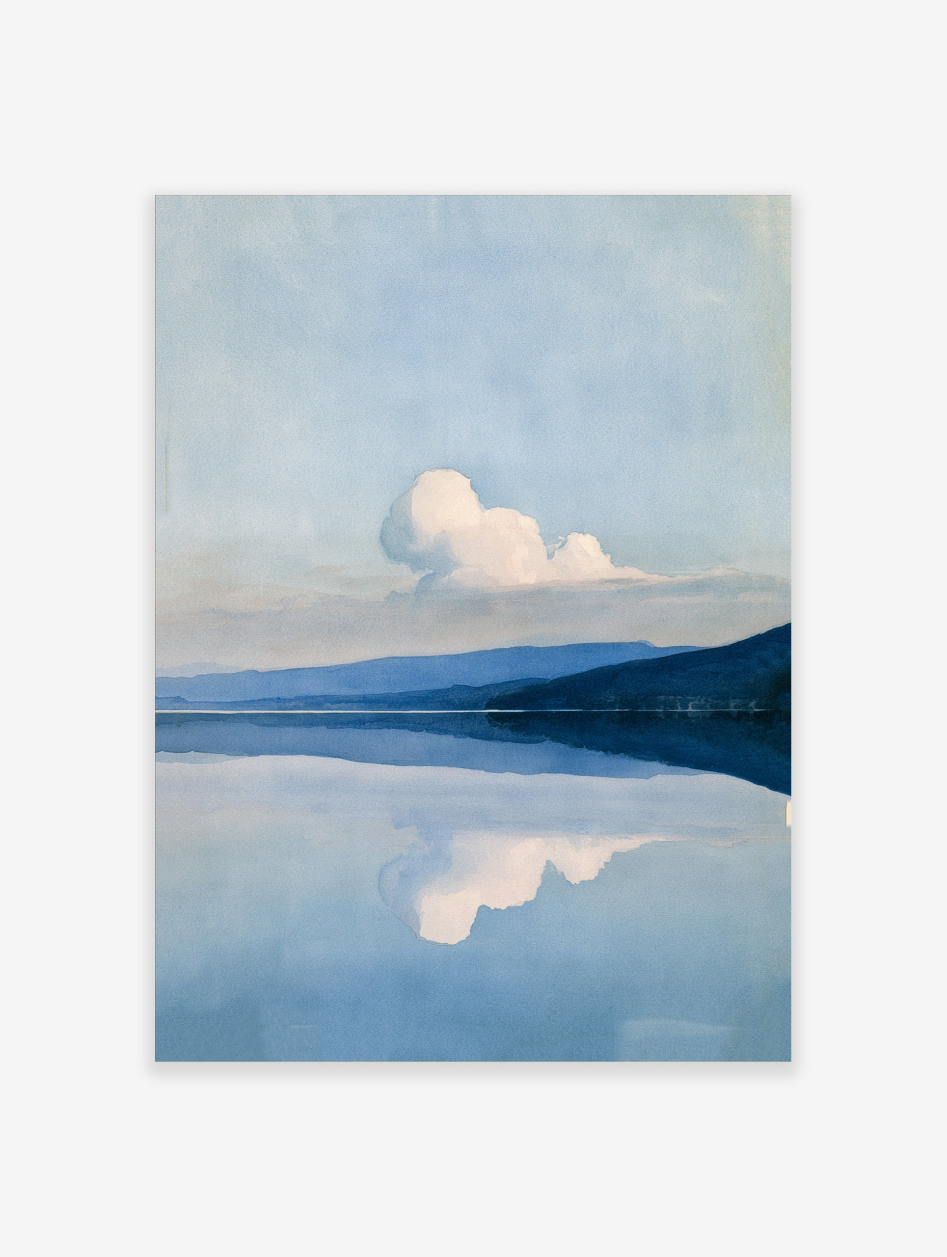 Minimalist landscape wall art featuring a mountain range reflected in a calm blue lake with a single white cloud