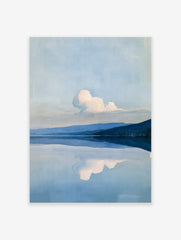 Minimalist landscape wall art featuring a mountain range reflected in a calm blue lake with a single white cloud