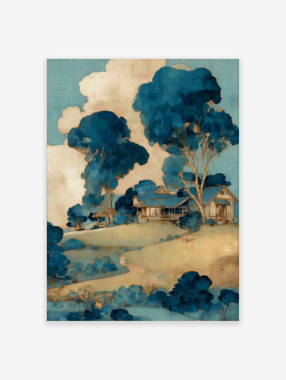 Illustrative blue and beige landscape art print with a house on a hill, surrounded by stylised trees and clouds