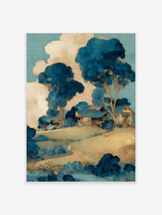Illustrative blue and beige landscape art print with a house on a hill, surrounded by stylised trees and clouds