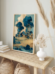 Illustrative blue and beige landscape art print with a house on a hill, surrounded by, in an alternate framed mockup