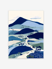 Illustrative blue landscape wall art print featuring mountains, hills, a winding path with figures, and trees.