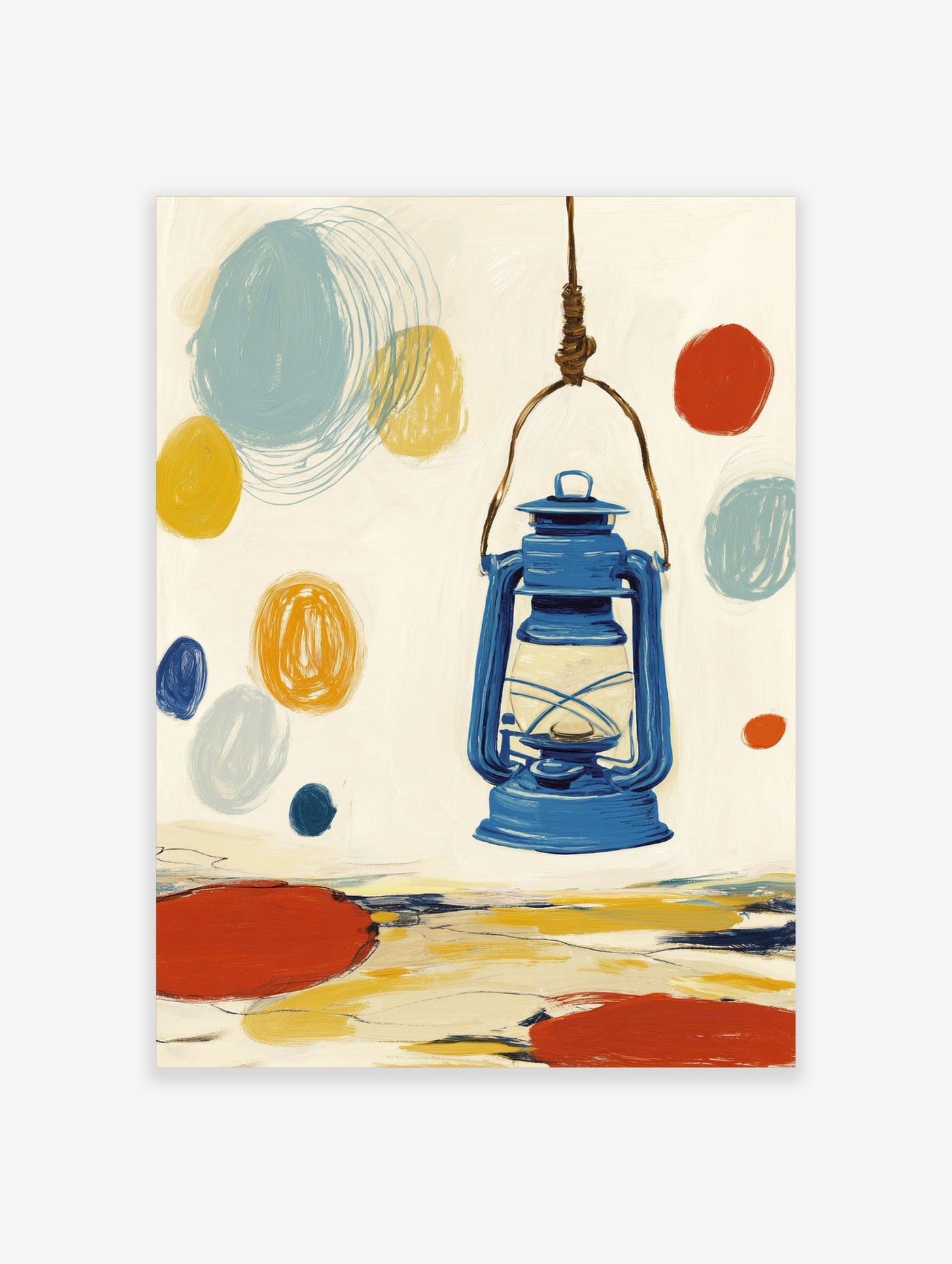 Blue lantern hanging from rope with abstract circles in blue, yellow, and red on cream background, art print