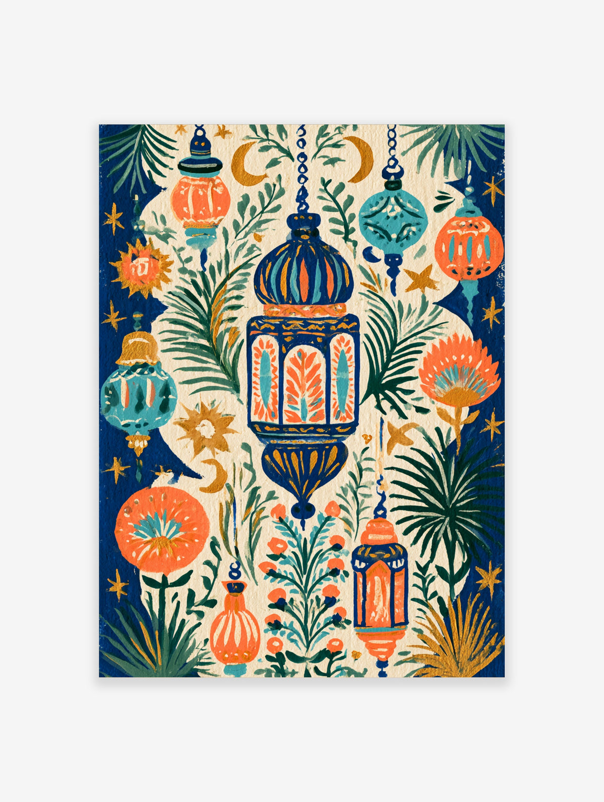 Blue and orange hanging lanterns with botanical leaves, crescent moons, and stars on navy background art print