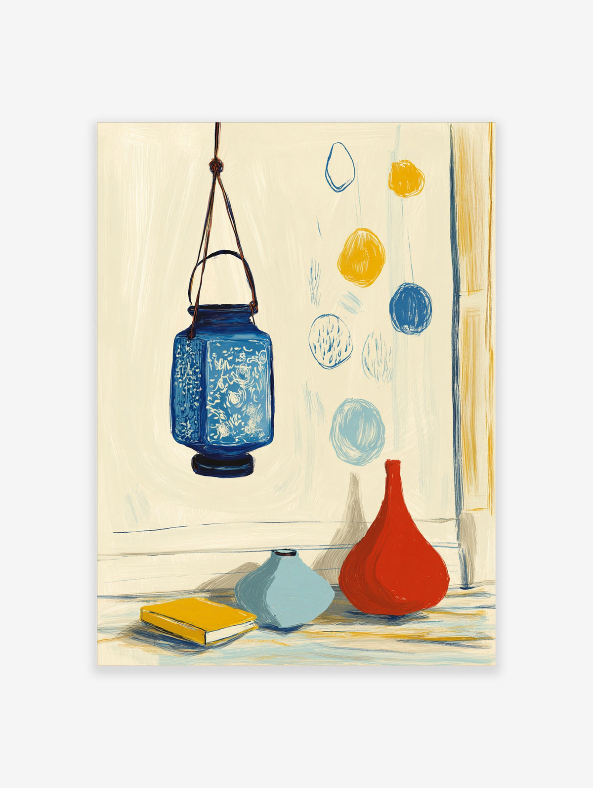 Blue lantern wall art with red vase, blue pot, yellow book, and abstract circles on cream background