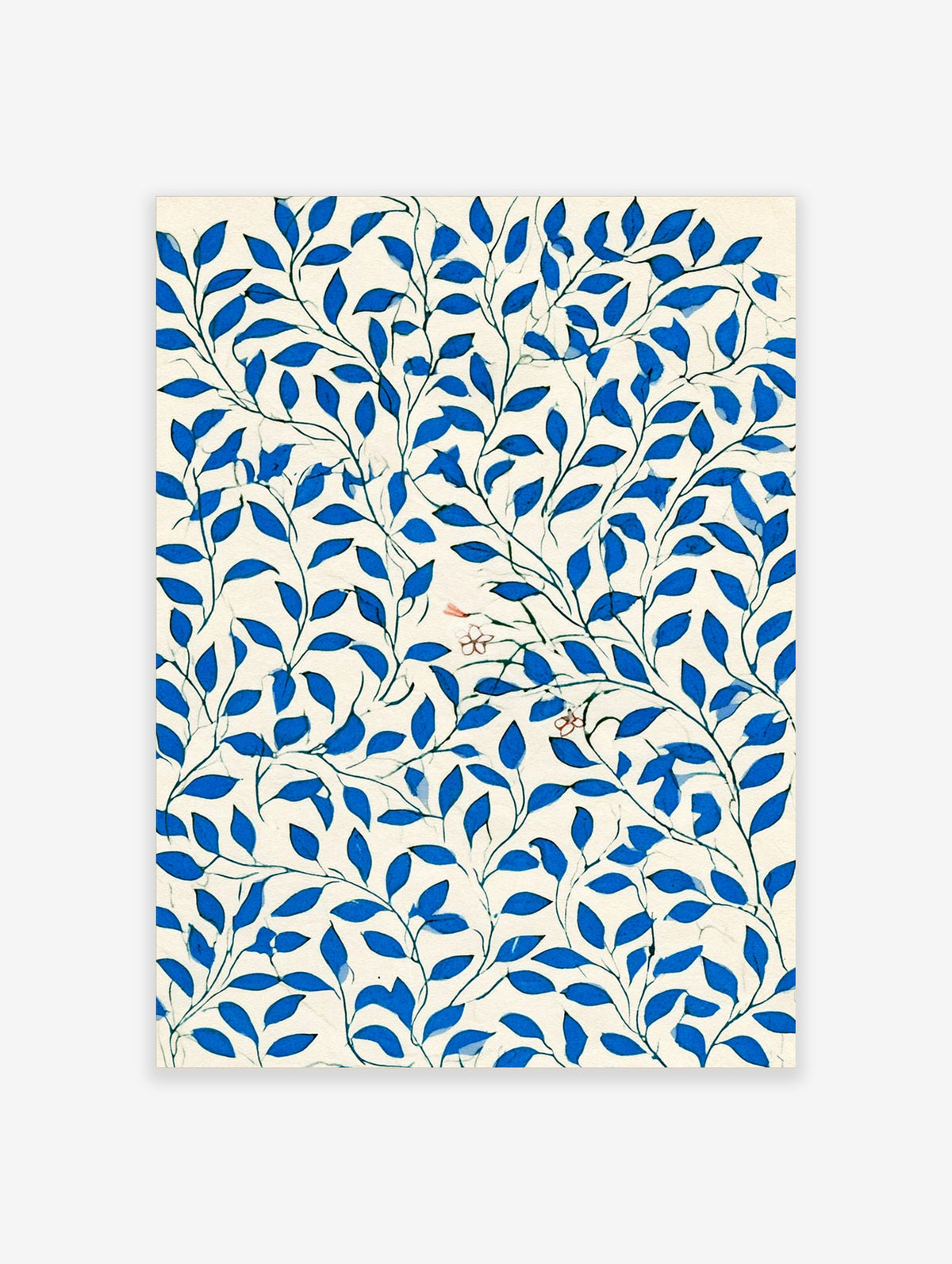 Blue leaf pattern art print with thin stems and small pink flowers on cream background