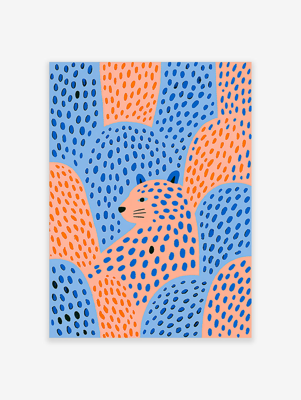 Abstract leopard with blue spots on peach and light blue shapes, animal wall art print
