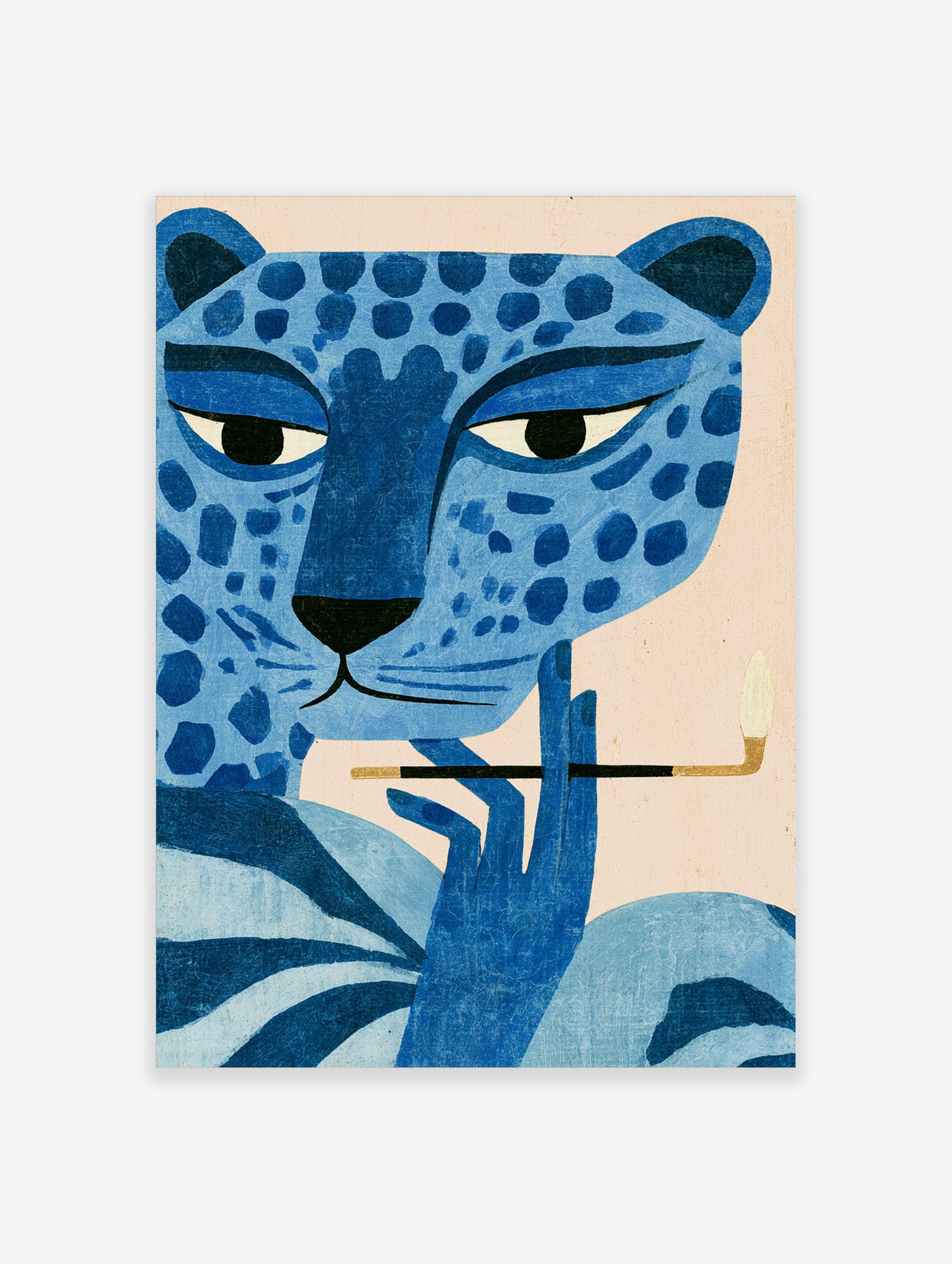 Blue leopard illustration with cigarette, dark spots, beige background, modern animal wall art print