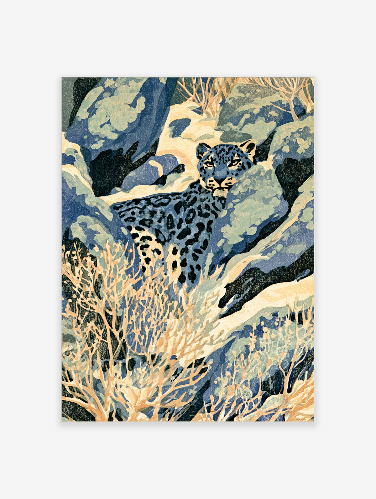 Blue leopard illustration art print with spotted coat among snowy rocks and pale branches