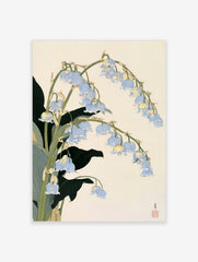 Blue lily of the valley flower botanical illustration with gold accents on a beige background