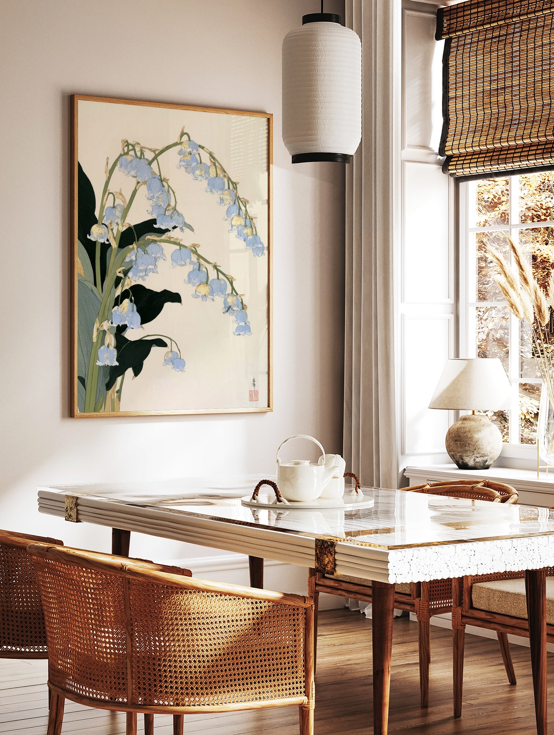 Blue lily of the valley flower botanical illustration with gold accents on a beige background, in a styled room mockup