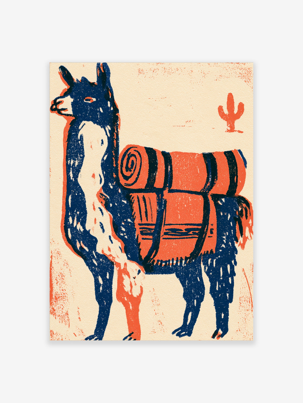 Blue llama with orange pack saddle and blanket beside a cactus on cream background